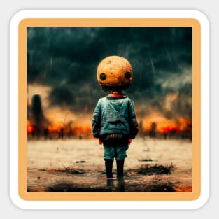 A kid with an orange helmet in a post-apocalyptic world Sticker